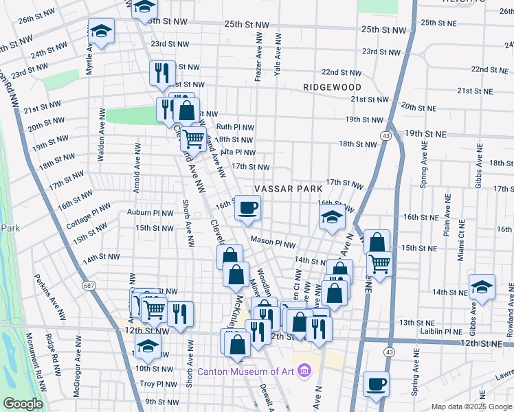 map of restaurants, bars, coffee shops, grocery stores, and more near 1532 Frazer Avenue Northwest in Canton