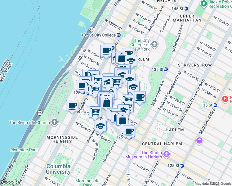 map of restaurants, bars, coffee shops, grocery stores, and more near 1411 Amsterdam Avenue in New York