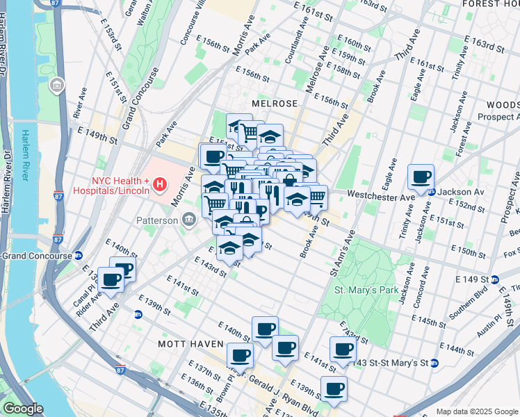 map of restaurants, bars, coffee shops, grocery stores, and more near 530 Willis Avenue in The Bronx
