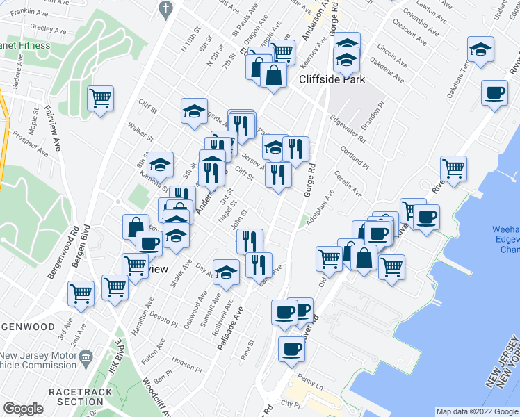 map of restaurants, bars, coffee shops, grocery stores, and more near in Cliffside Park
