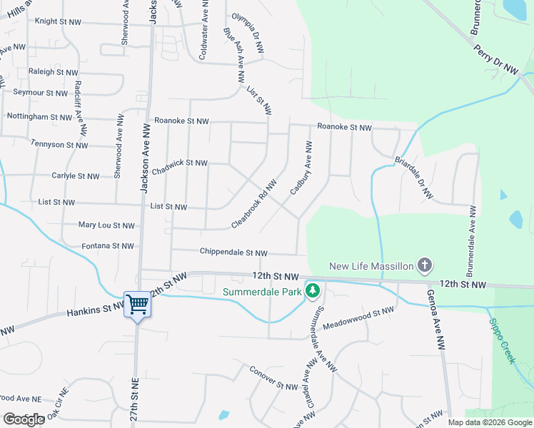 map of restaurants, bars, coffee shops, grocery stores, and more near 1668 Cadbury Avenue Northwest in Massillon