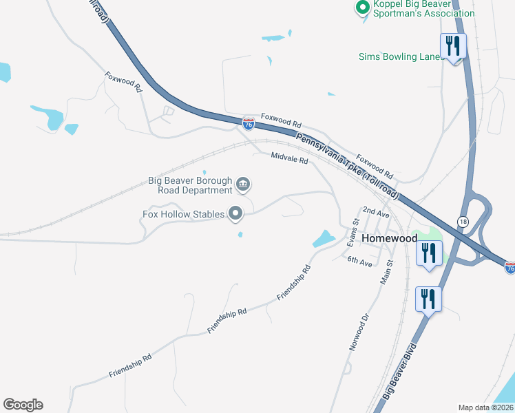 map of restaurants, bars, coffee shops, grocery stores, and more near 204 Hollowvue Road in Wampum