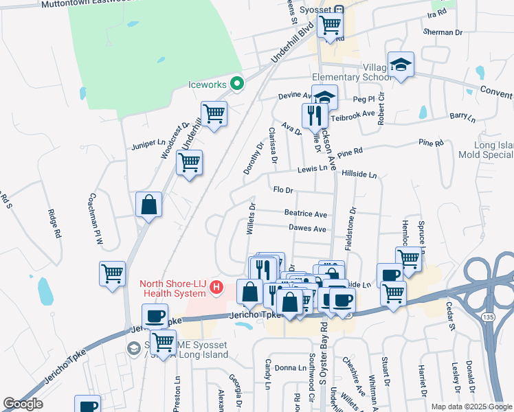 map of restaurants, bars, coffee shops, grocery stores, and more near 32 Willets Drive in Syosset