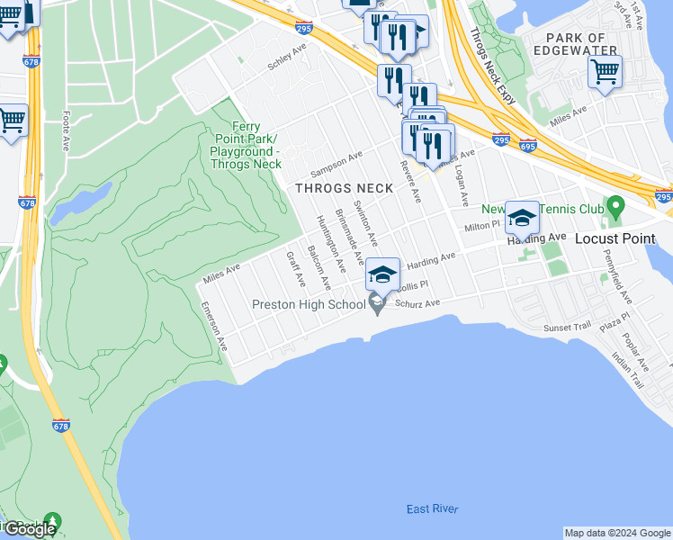 map of restaurants, bars, coffee shops, grocery stores, and more near 241 Huntington Avenue in The Bronx