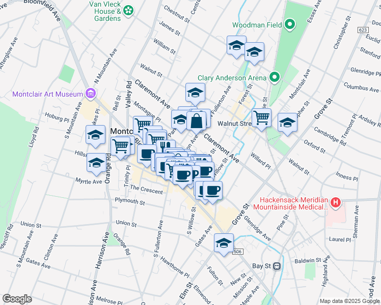 map of restaurants, bars, coffee shops, grocery stores, and more near 26 Forest Street in Montclair