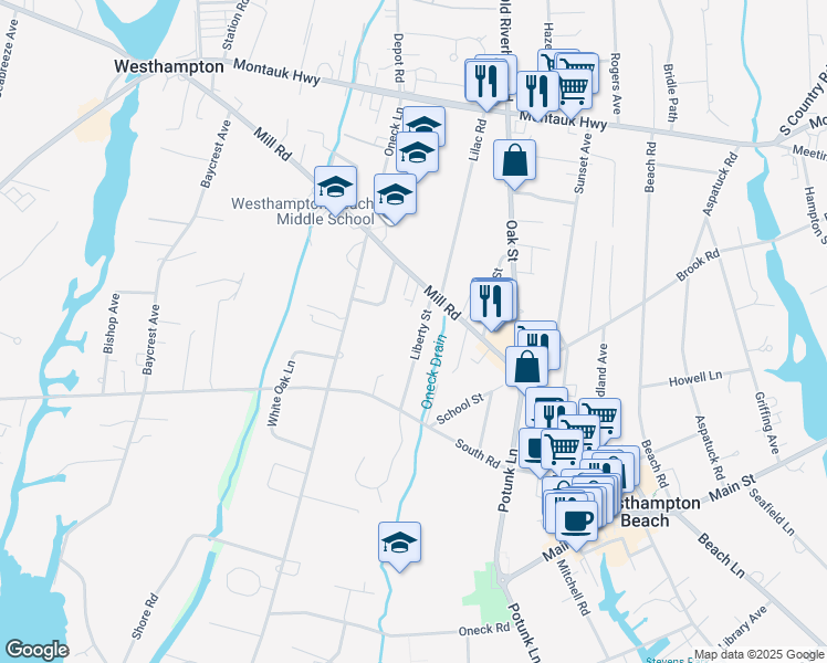 map of restaurants, bars, coffee shops, grocery stores, and more near 25 Liberty Street in Westhampton Beach