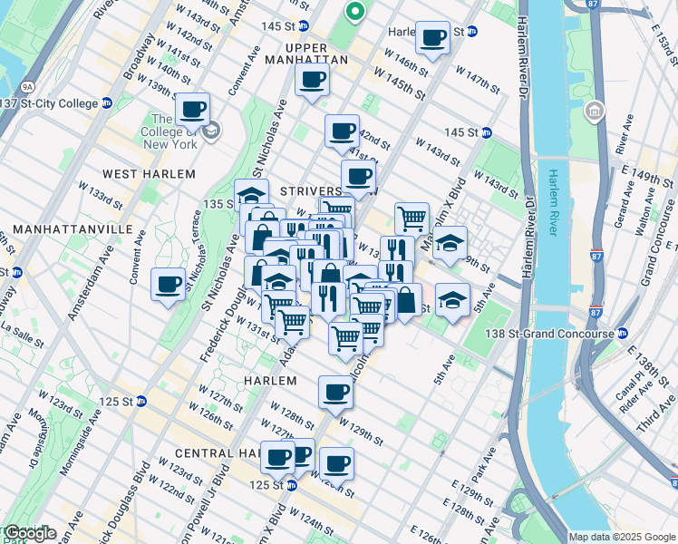 map of restaurants, bars, coffee shops, grocery stores, and more near 2305 Adam Clayton Powell Junior Boulevard in New York