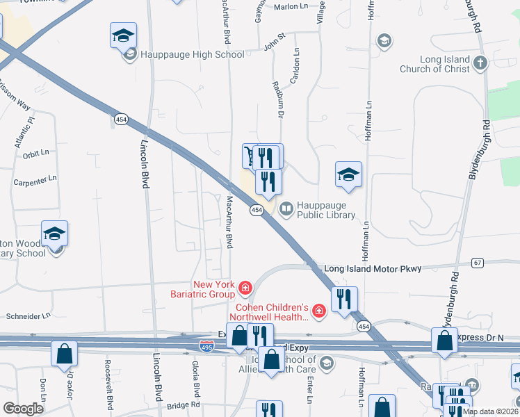 map of restaurants, bars, coffee shops, grocery stores, and more near 1261 Veterans Memorial Highway in Hauppauge