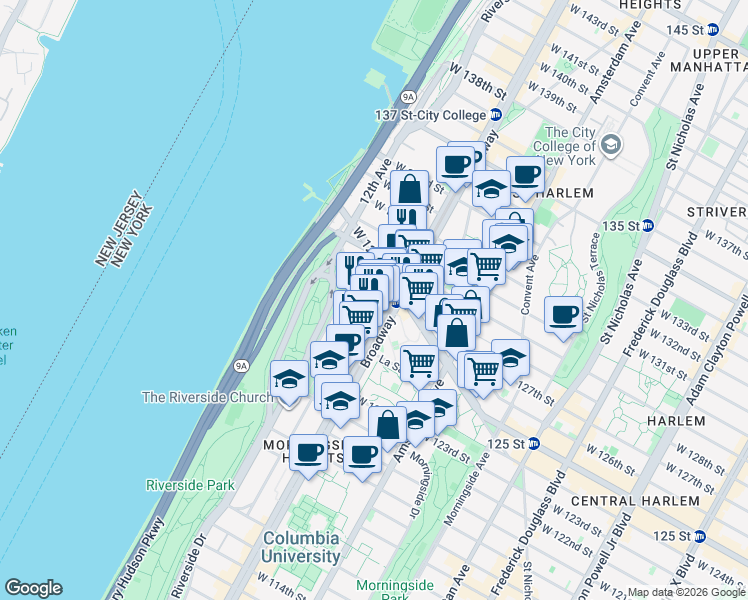 map of restaurants, bars, coffee shops, grocery stores, and more near 47 Tiemann Place in New York