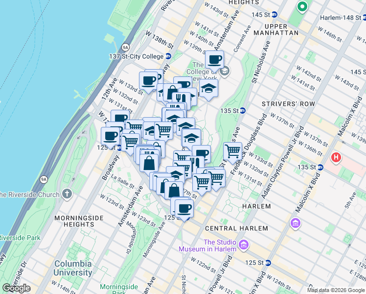 map of restaurants, bars, coffee shops, grocery stores, and more near 71 Convent Avenue in New York