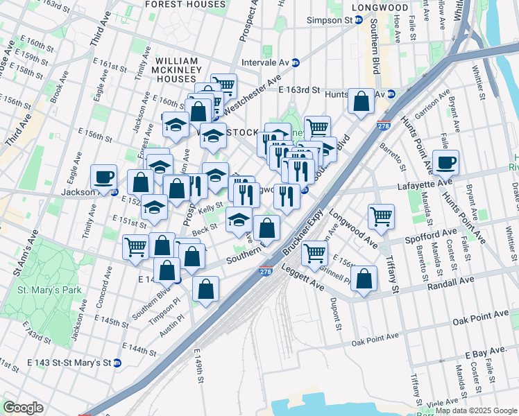 map of restaurants, bars, coffee shops, grocery stores, and more near 745 Fox Street in Bronx