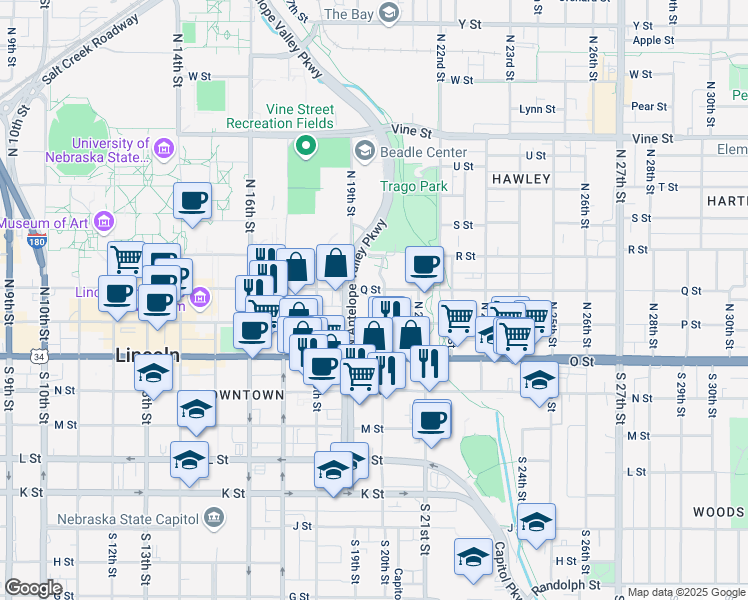 map of restaurants, bars, coffee shops, grocery stores, and more near 200 North Antelope Valley Parkway in Lincoln