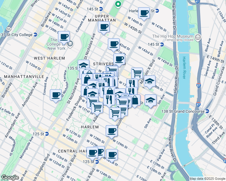 map of restaurants, bars, coffee shops, grocery stores, and more near 2307 Adam Clayton Powell Junior Boulevard in New York