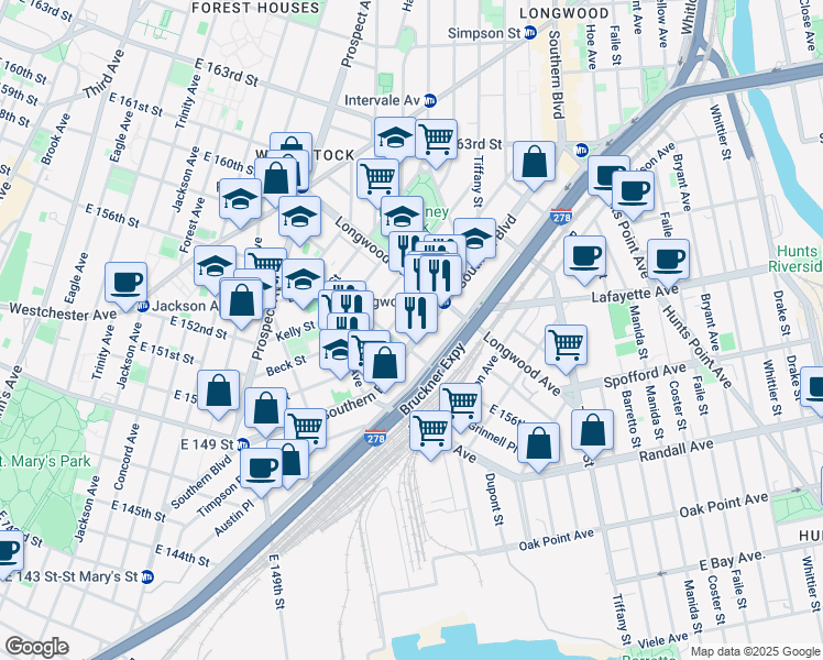 map of restaurants, bars, coffee shops, grocery stores, and more near 762 Southern Boulevard in The Bronx