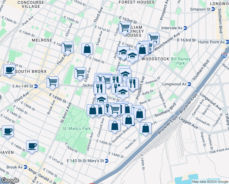 map of restaurants, bars, coffee shops, grocery stores, and more near 633 Wales Avenue in The Bronx