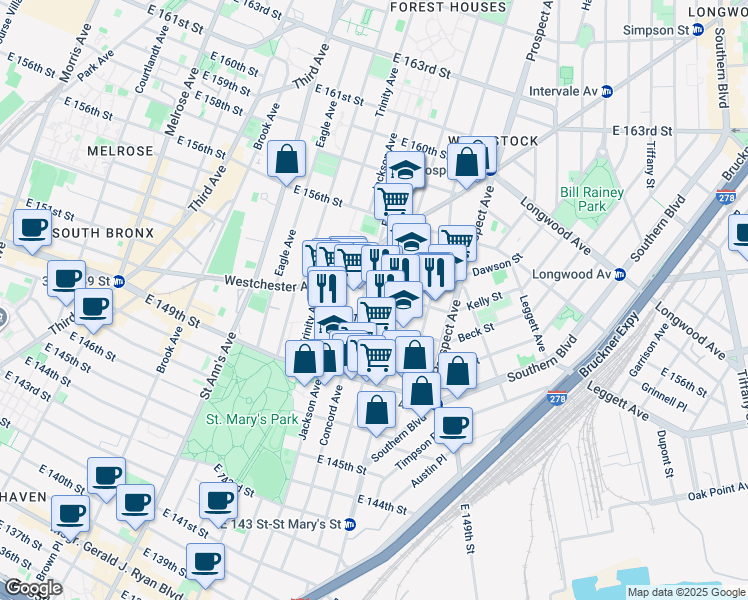 map of restaurants, bars, coffee shops, grocery stores, and more near in The Bronx