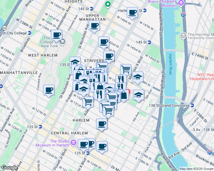 map of restaurants, bars, coffee shops, grocery stores, and more near 139 West 135th Street in New York