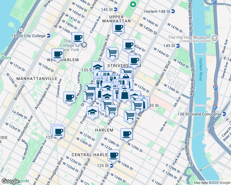 map of restaurants, bars, coffee shops, grocery stores, and more near 222 West 134th Street in New York