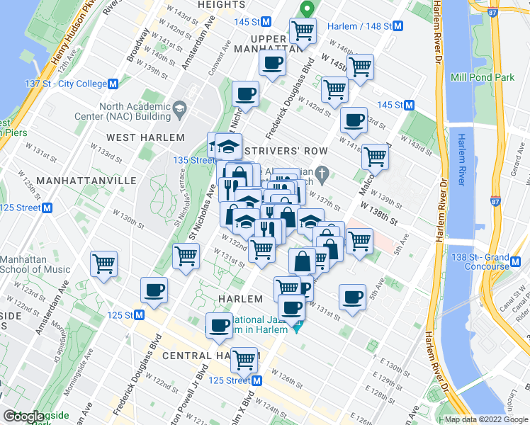 map of restaurants, bars, coffee shops, grocery stores, and more near 222 West 134th Street in New York