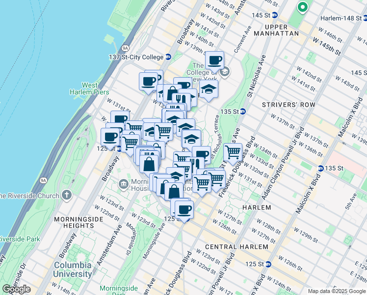 map of restaurants, bars, coffee shops, grocery stores, and more near 50 Convent Avenue in New York