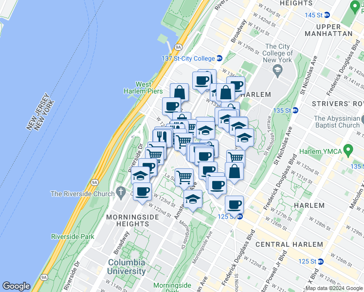 map of restaurants, bars, coffee shops, grocery stores, and more near in New York