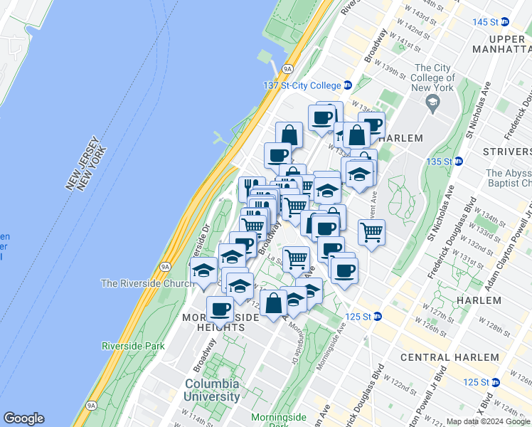 map of restaurants, bars, coffee shops, grocery stores, and more near in New York