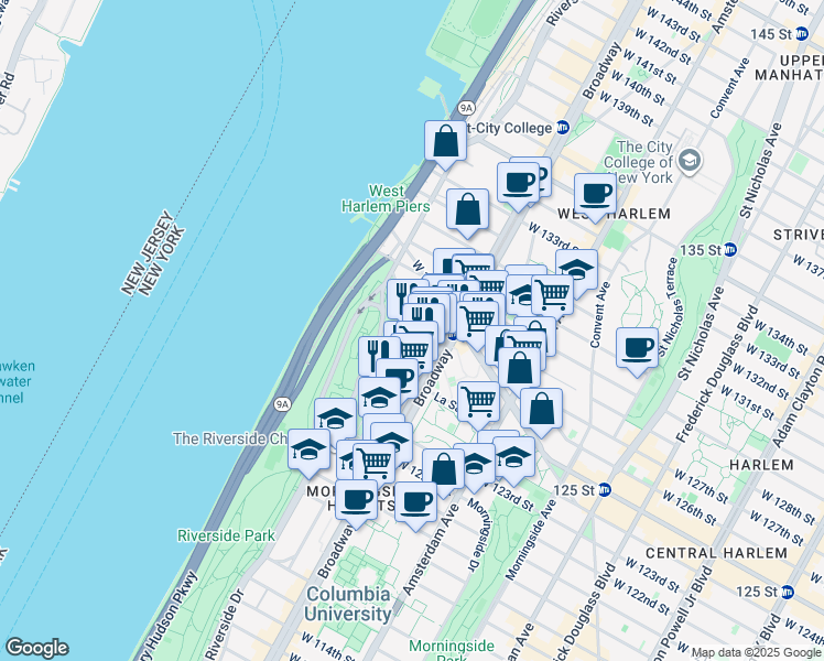 map of restaurants, bars, coffee shops, grocery stores, and more near 189 Claremont Avenue in New York