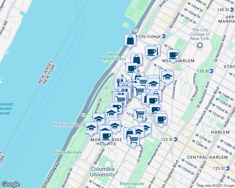 map of restaurants, bars, coffee shops, grocery stores, and more near 189 Claremont Avenue in New York