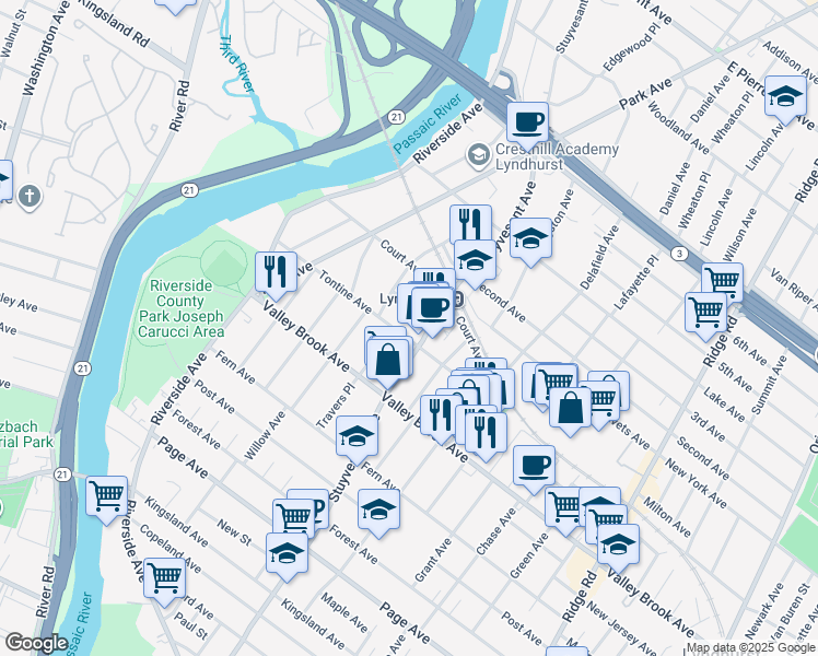 map of restaurants, bars, coffee shops, grocery stores, and more near 250 Stuyvesant Avenue in Lyndhurst