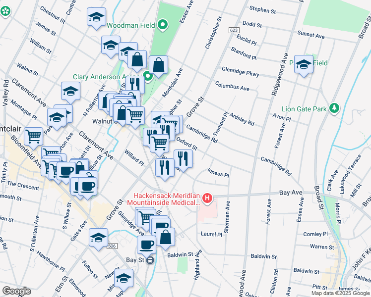 map of restaurants, bars, coffee shops, grocery stores, and more near 24 Walnut Parkway in Montclair