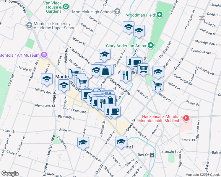 map of restaurants, bars, coffee shops, grocery stores, and more near 35 Forest Street in Montclair