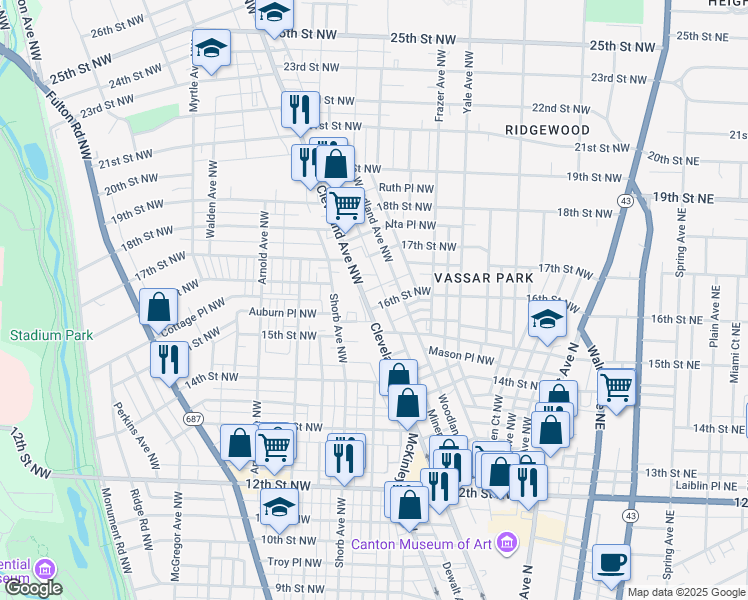 map of restaurants, bars, coffee shops, grocery stores, and more near 1523 Cleveland Avenue Northwest in Canton