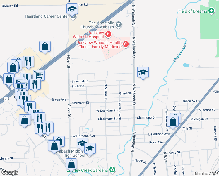 map of restaurants, bars, coffee shops, grocery stores, and more near 1627 North Miami Street in Wabash