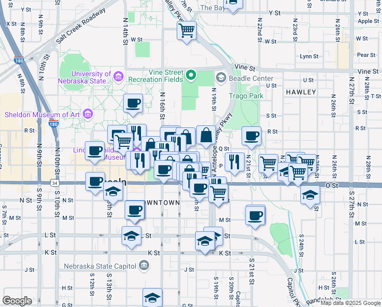 map of restaurants, bars, coffee shops, grocery stores, and more near 1720 P Street in Lincoln