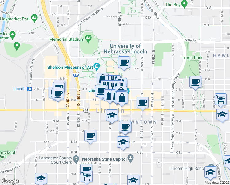 map of restaurants, bars, coffee shops, grocery stores, and more near 101 North 14th Street in Lincoln