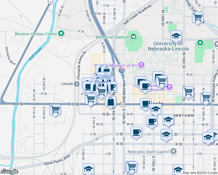 map of restaurants, bars, coffee shops, grocery stores, and more near 810 P Street in Lincoln