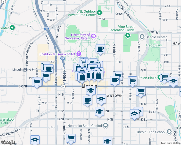 map of restaurants, bars, coffee shops, grocery stores, and more near 250 North 13th Street in Lincoln