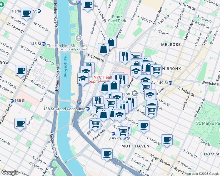 map of restaurants, bars, coffee shops, grocery stores, and more near 375 Rider Avenue in The Bronx
