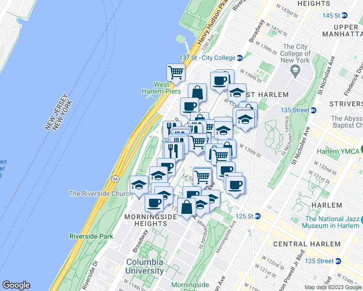 map of restaurants, bars, coffee shops, grocery stores, and more near 3167 Broadway in New York