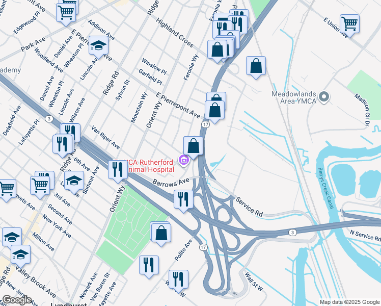 map of restaurants, bars, coffee shops, grocery stores, and more near 286 New Jersey 17 in Rutherford
