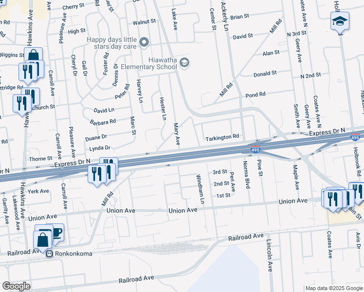 map of restaurants, bars, coffee shops, grocery stores, and more near 52 Mary Avenue in Lake Ronkonkoma