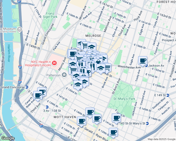 map of restaurants, bars, coffee shops, grocery stores, and more near 2825 3rd Avenue in Bronx