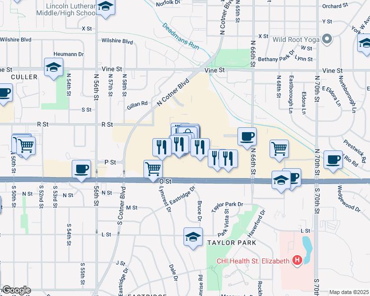 map of restaurants, bars, coffee shops, grocery stores, and more near 116 Gateway Mall in Lincoln