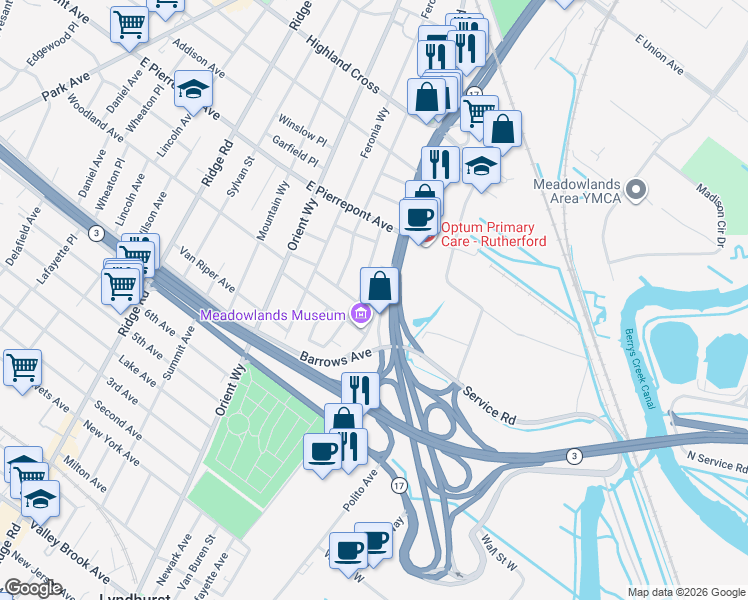 map of restaurants, bars, coffee shops, grocery stores, and more near 286 New Jersey 17 in Rutherford