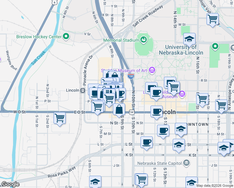 map of restaurants, bars, coffee shops, grocery stores, and more near 810 P Street in Lincoln