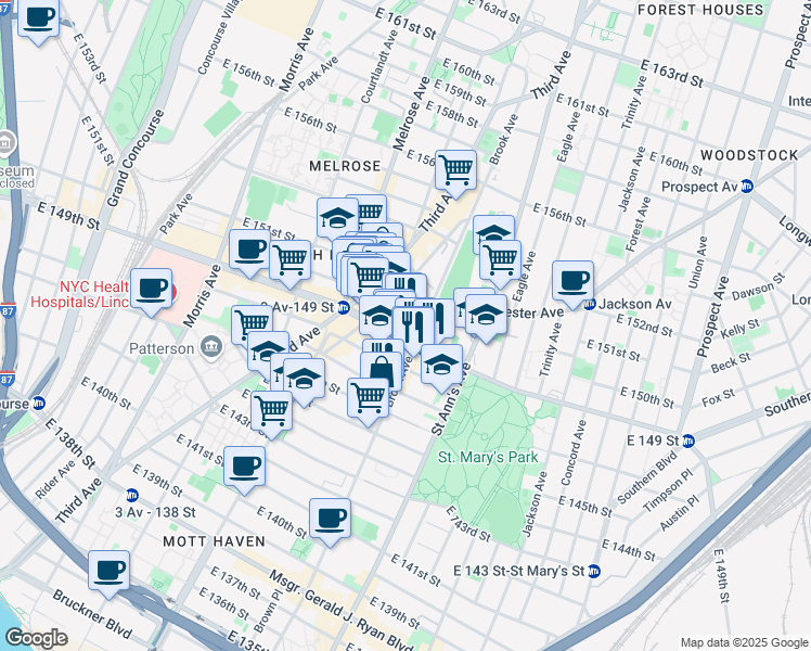 map of restaurants, bars, coffee shops, grocery stores, and more near 452 East 149th Street in Bronx