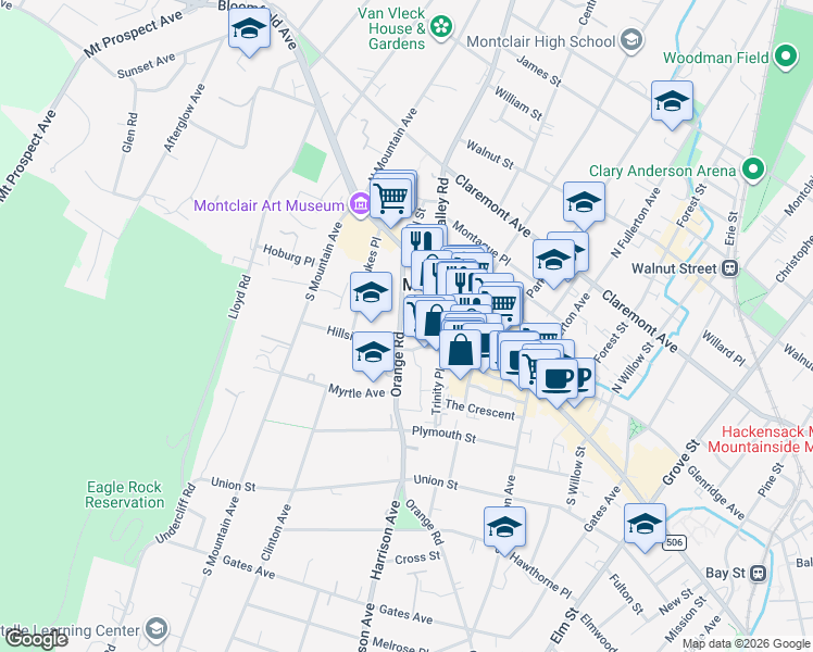 map of restaurants, bars, coffee shops, grocery stores, and more near 49 Orange Road in Montclair