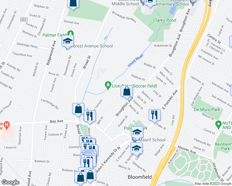 map of restaurants, bars, coffee shops, grocery stores, and more near 102 Mill Street in Essex County