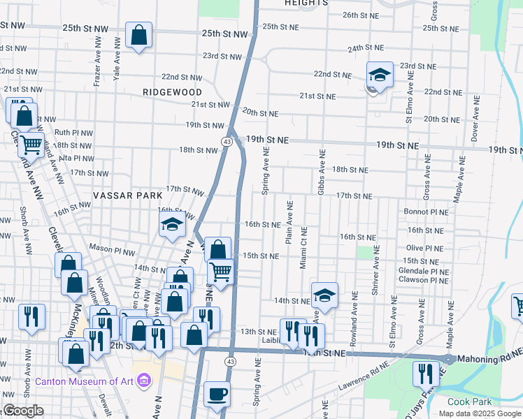 map of restaurants, bars, coffee shops, grocery stores, and more near 1623 Spring Avenue Northeast in Canton