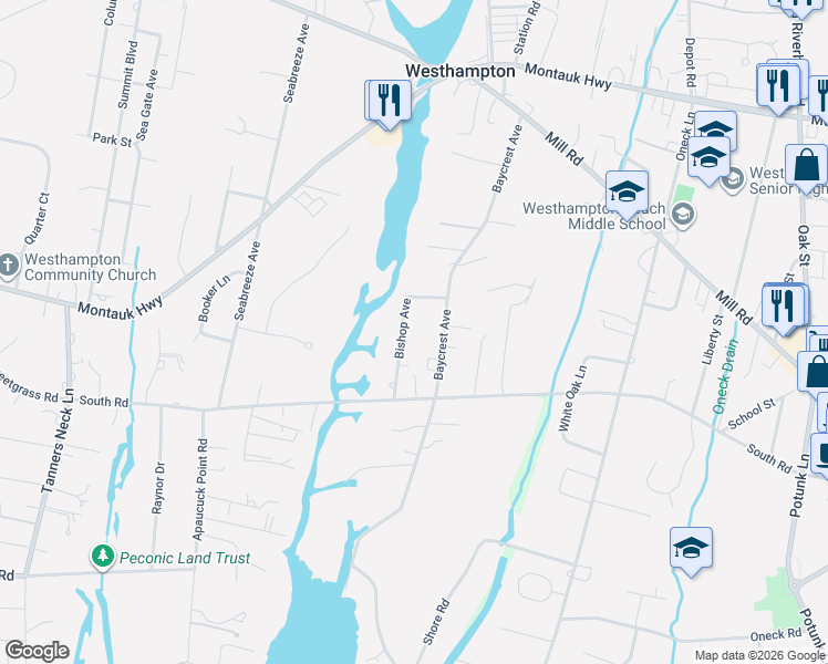 map of restaurants, bars, coffee shops, grocery stores, and more near 55 Baycrest Avenue in Westhampton